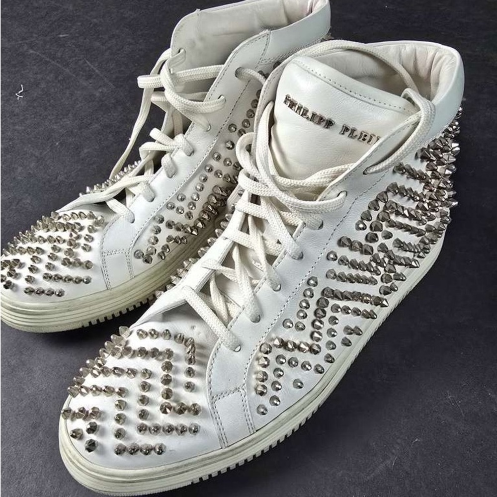 Philipp Plein White and Silver Studded Sneakers
